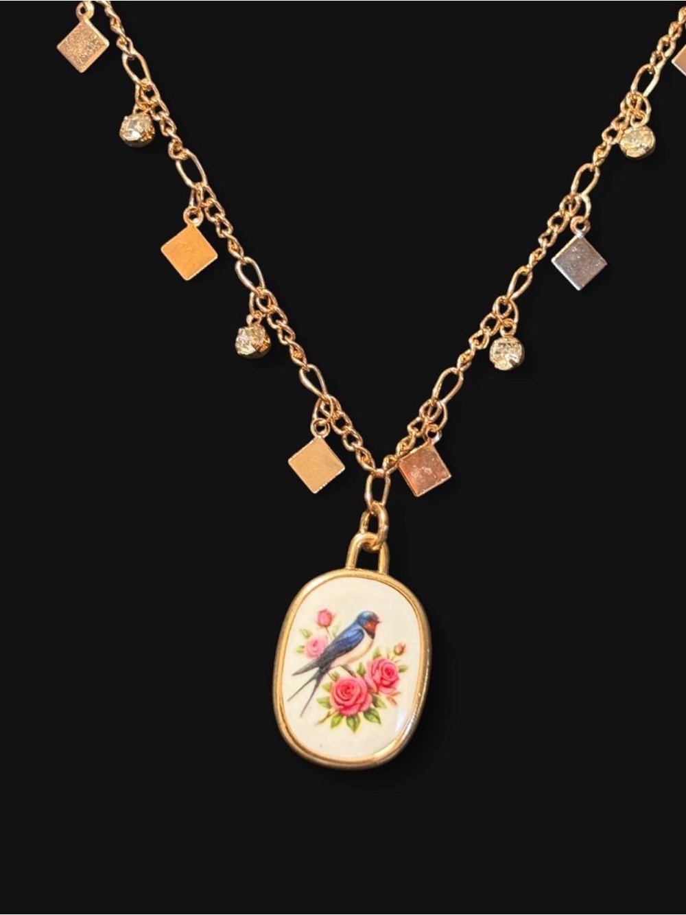Drop Chain necklace small square drops w/ Floral & Bird 24k plated Oval Pendant